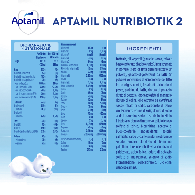 Aptamil nutribiotik 2 - latte di proseguimento in polvere indicato dal 6°  mese compiuto al 12° - 830g - Bimbostore