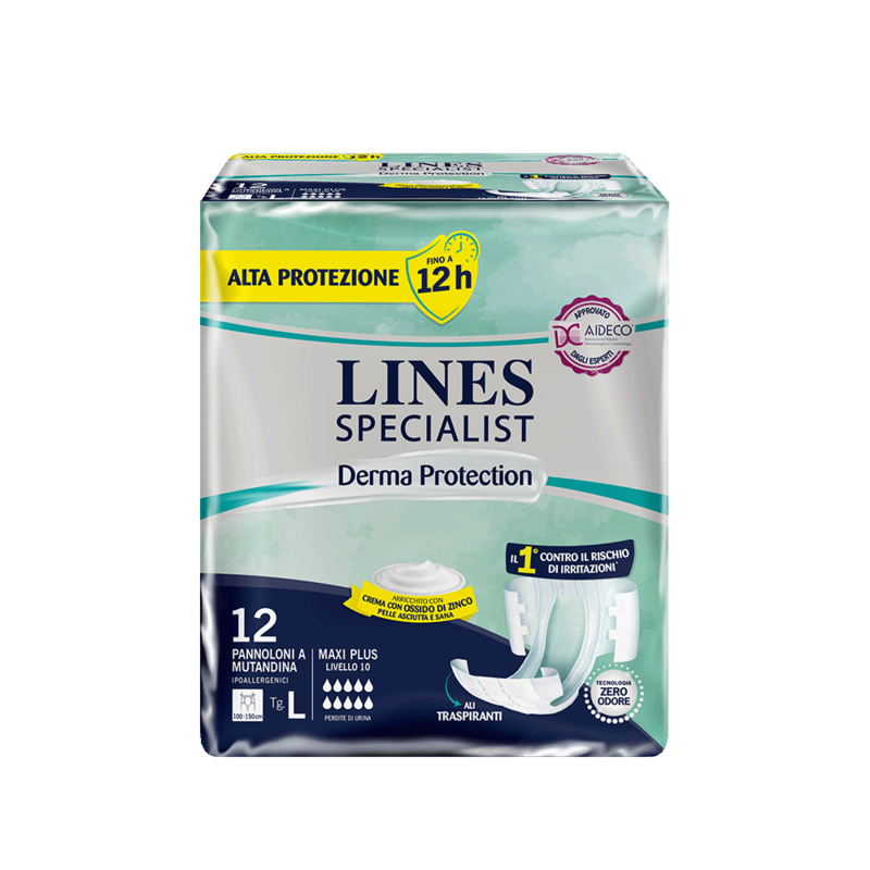 Acquista online Lines Specialist Derma Protection Alta Protezione Pannolone a Mutandina Maxi Plus | Linea prodotto Alte per uomo e donna. Lines Specialist, prodotti per perdite di urina Pannoloni A Mutandina Derma Protection Alta Protezione Unisex Maxi Plus 